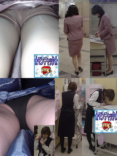 パンチラお仕事中の店員逆さ撮りテカテカ水色パンツ モンチャック 01とプルーン 012セット販売
