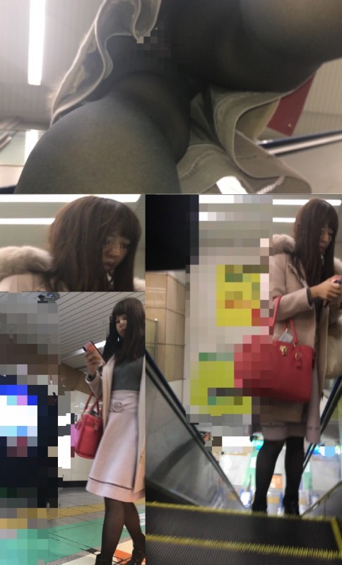 【スマホで逆さ撮り12】男受け抜群女子 ミニスカ 黒スト越しの淡いピンクのパンティ【素人盗撮】