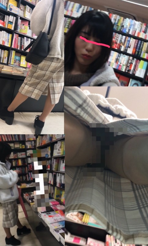【スマホで逆さ撮り26】立ち読み中を盗撮 膝下スリット付きスカート ナチュスト越し柄パンティ【素人盗撮】