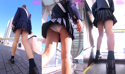 【縦型動画】ムチムチ太腿がエロい、ミニスカ制服J.Kちゃんの生パンツ（2）ローアングルで歩行パンチラ