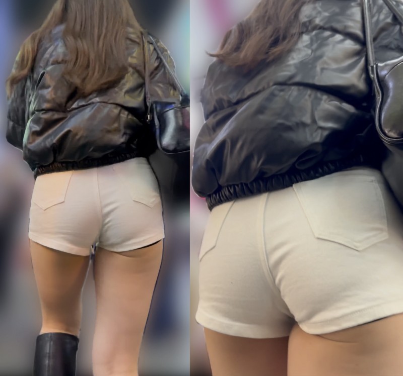 ハミ尻がセクシーな白ショートパンツ美女