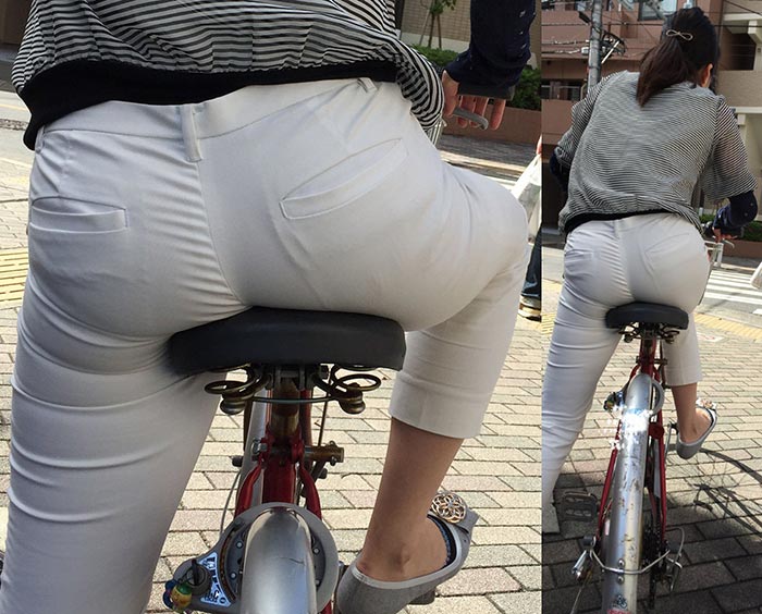 ロングガードルで下半身を補正してるお姉さんは自転車のサドルを巨尻で押し潰す