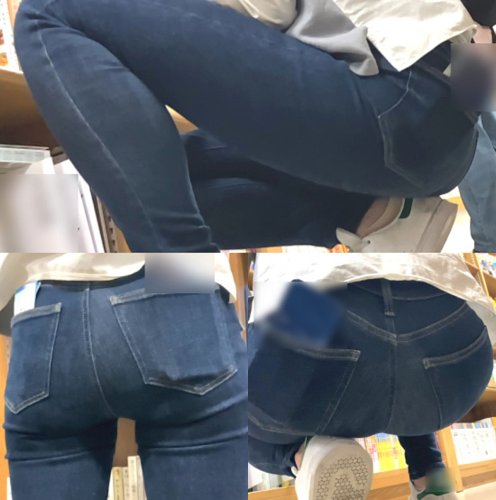 かっこいい濃紺デニムに大接近 しゃがみ尻を低空から超接写しちゃいました【街中風景117】