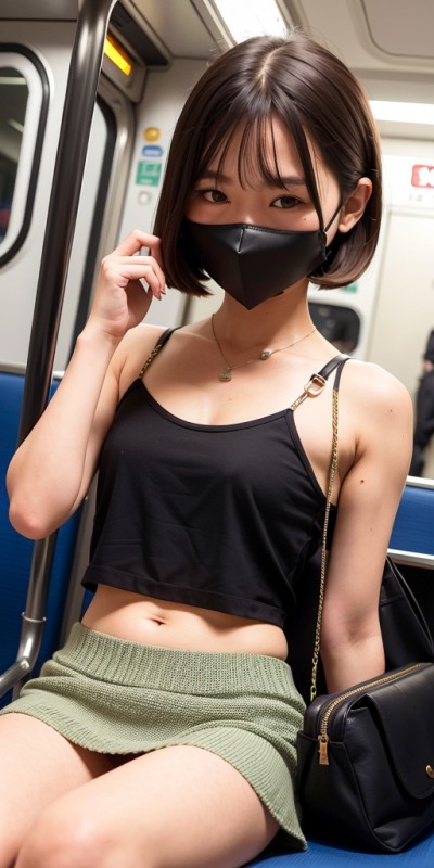 【実写風】電車対面バレ風マスク女子ミニスカキャミソール