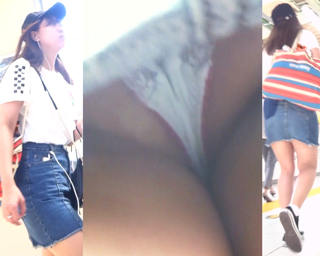 [★新作][★顔出し]パンチラ盗撮 デニムミニスカ女子 開脚でレースの白パンツ超接近撮影