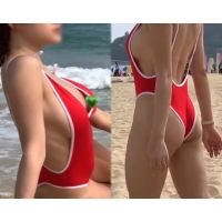 音あり高画質 海水浴場で巨乳がはみ出しのハイレグ美人  