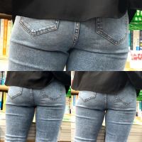 理想すぎる大きなお尻の水色スキニーデニム美女【街中風景149】 