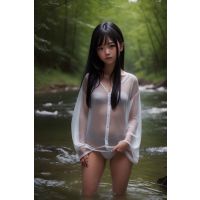 Real AI female student  In the forest where there is no one