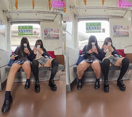 【縦型動画】電車でミニスカ制服2人組をひたすら撮影した環境動画（2）贅沢すぎる座席ダブルパンチラ編 gallery photo 1