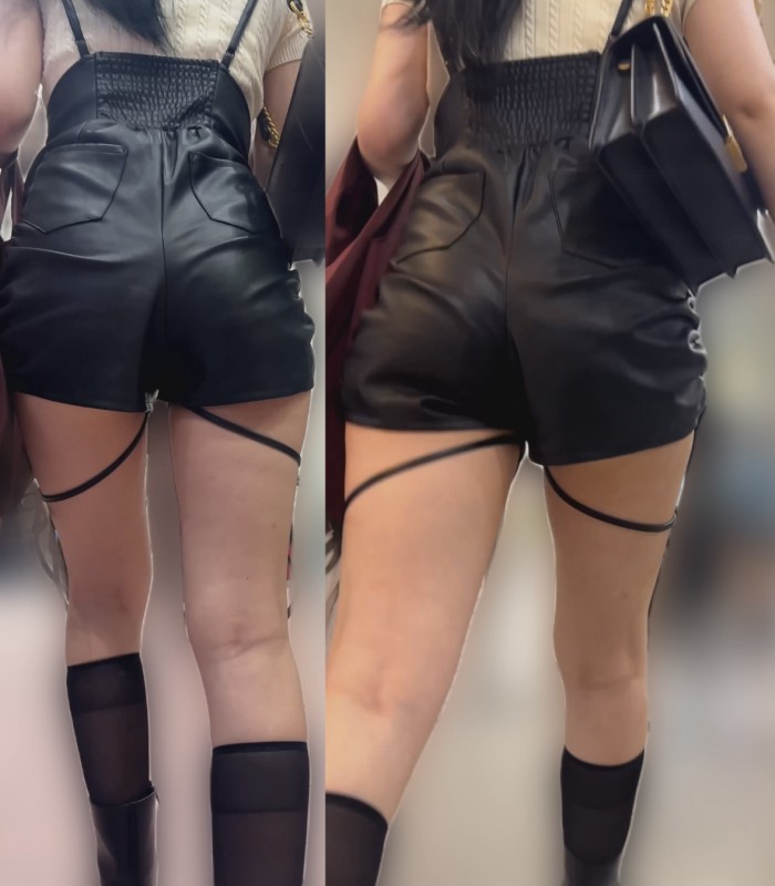 スタイル抜群のレザーショートパンツ美女